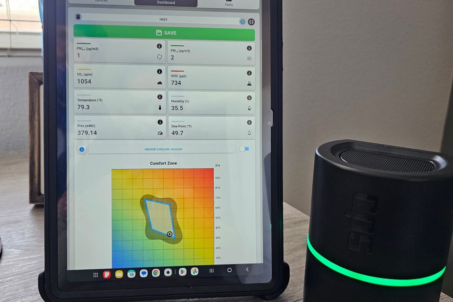 CPS Link Pro IAQ monitoring tablet on site during a commercial air balancing assessment in Las Vegas, NV, showing live air quality data