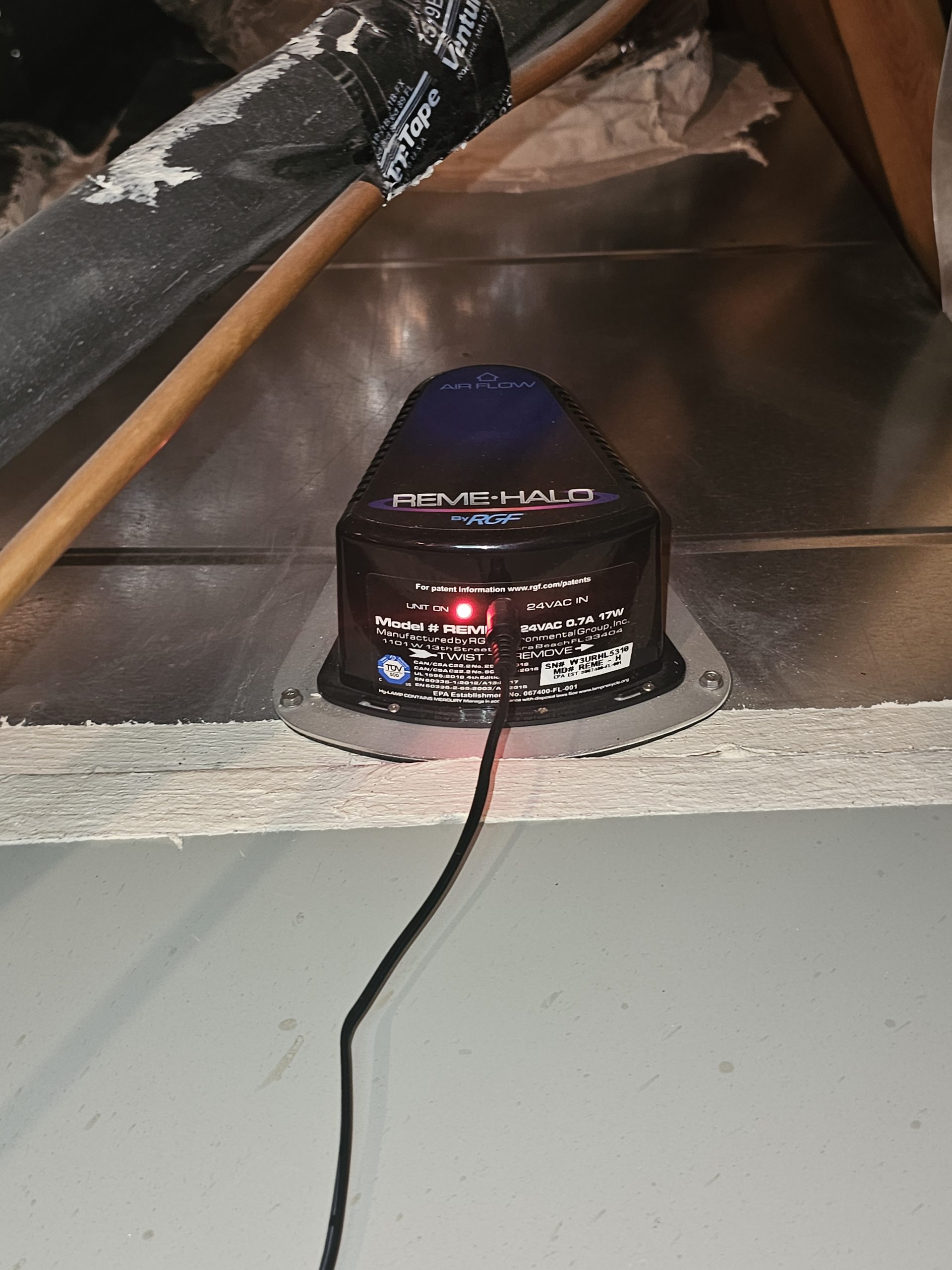 Reme Halo LED air purifier installed in HVAC ductwork